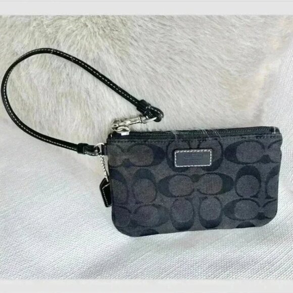 Coach Black Monogram Jacquard Leather Wristlet Wallet Small Designer Bag - Picture 1 of 7